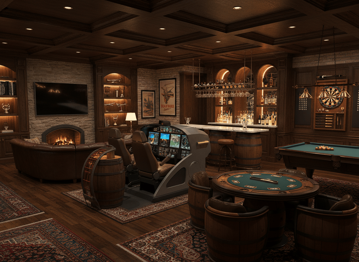 luxury man cave, FAA flight simulators, formula 1 racing sim, race sim, wine barrel furniture