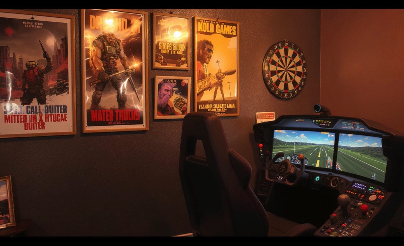 luxury man cave, FAA flight simulators, formula 1 racing sim, race sim, wine barrel furniture