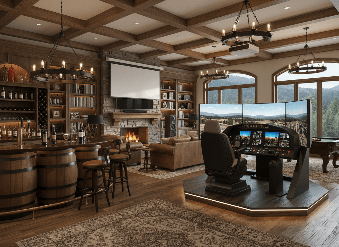 luxury man cave, FAA flight simulators, formula 1 racing sim, race sim, wine barrel furniture