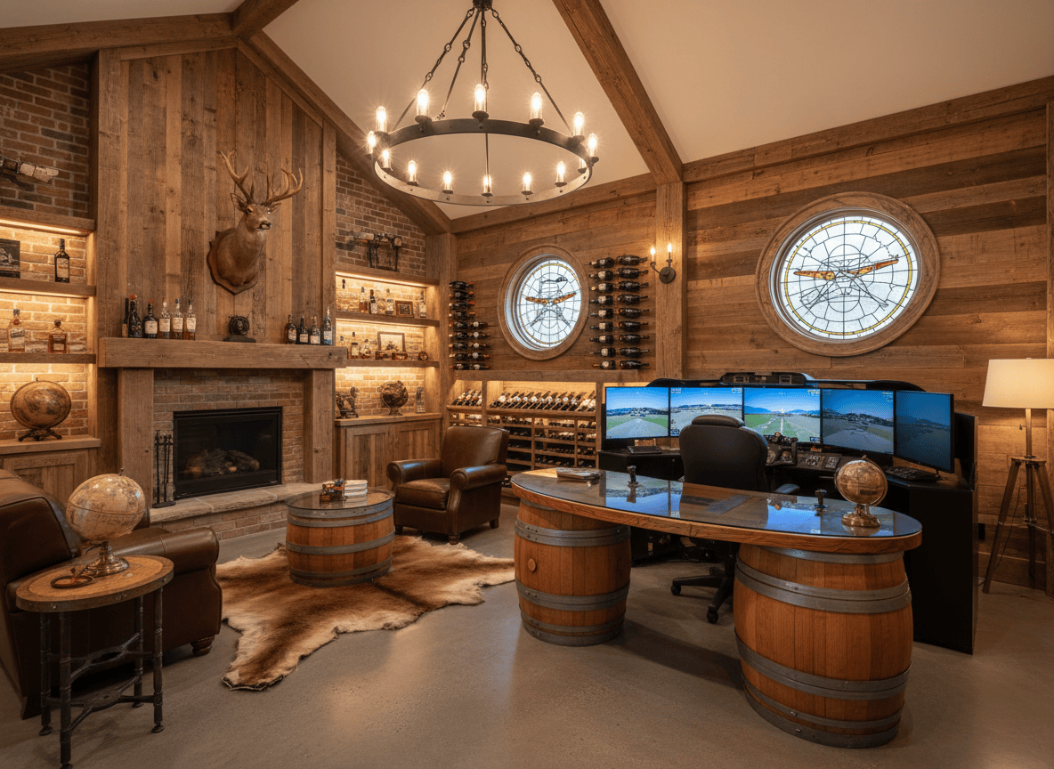 luxury man cave, FAA flight simulators, formula 1 racing sim, race sim, wine barrel furniture