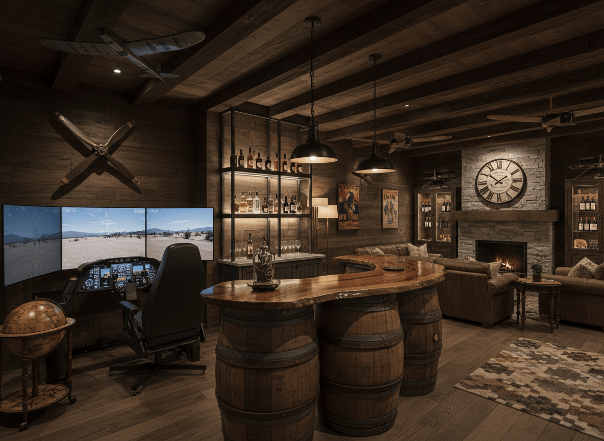luxury man cave, FAA flight simulators, formula 1 racing sim, race sim, wine barrel furniture