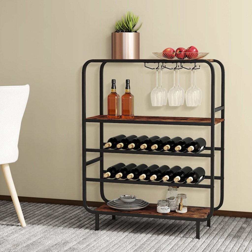 16 Bottle Wine Rack with 5 - Tier Wine Shelf and Glass Holders for Kitchen Bar - Rustic Brown - Bro Dreams