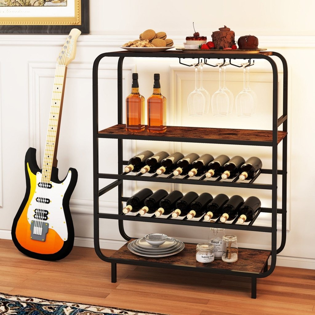 16 Bottle Wine Rack with 5 - Tier Wine Shelf and Glass Holders for Kitchen Bar - Rustic Brown - Bro Dreams