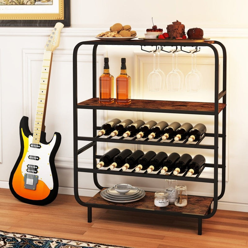 16 Bottle Wine Rack with 5 - Tier Wine Shelf and Glass Holders for Kitchen Bar - Rustic Brown - Bro Dreams