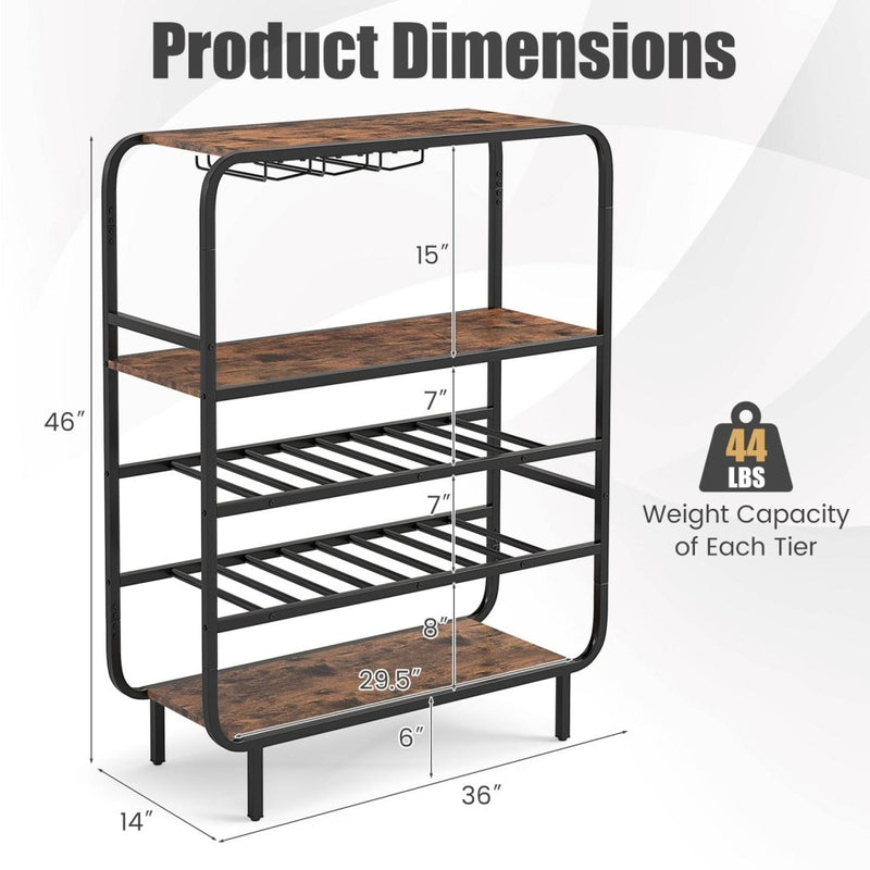 16 Bottle Wine Rack with 5 - Tier Wine Shelf and Glass Holders for Kitchen Bar - Rustic Brown - Bro Dreams
