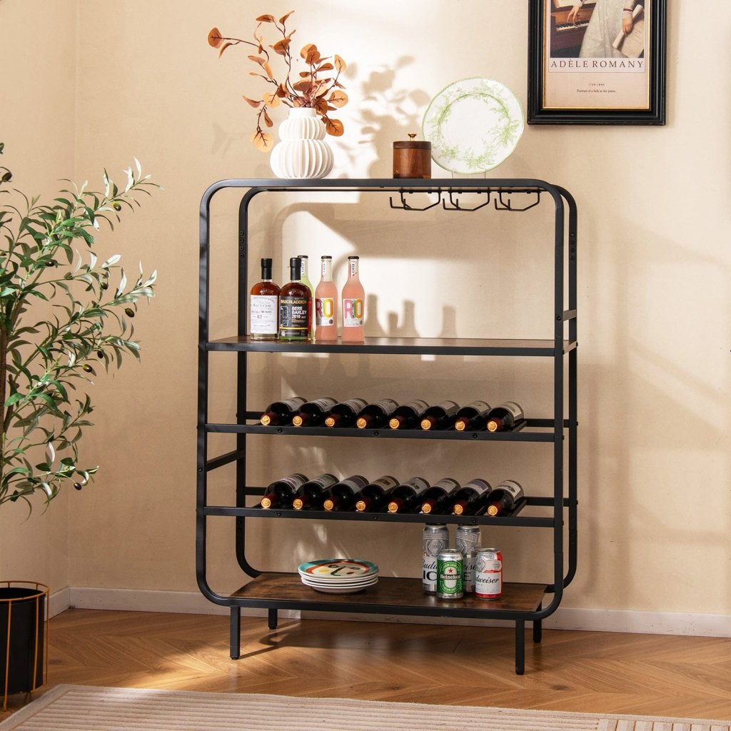 16 Bottle Wine Rack with 5 - Tier Wine Shelf and Glass Holders for Kitchen Bar - Rustic Brown - Bro Dreams