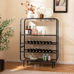 16 Bottle Wine Rack with 5 - Tier Wine Shelf and Glass Holders for Kitchen Bar - Rustic Brown - Bro Dreams