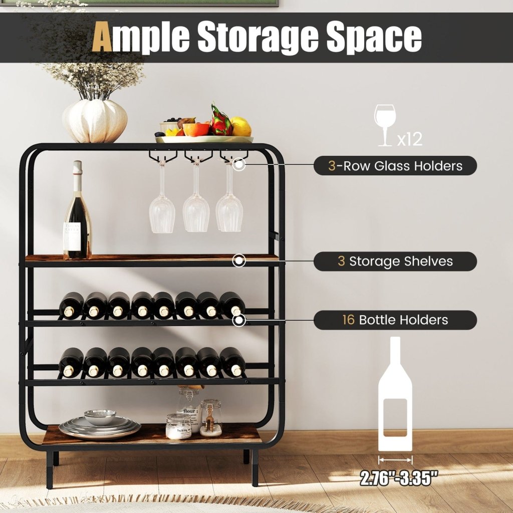16 Bottle Wine Rack with 5 - Tier Wine Shelf and Glass Holders for Kitchen Bar - Rustic Brown - Bro Dreams