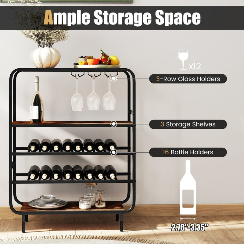 16 Bottle Wine Rack with 5 - Tier Wine Shelf and Glass Holders for Kitchen Bar - Rustic Brown - Bro Dreams