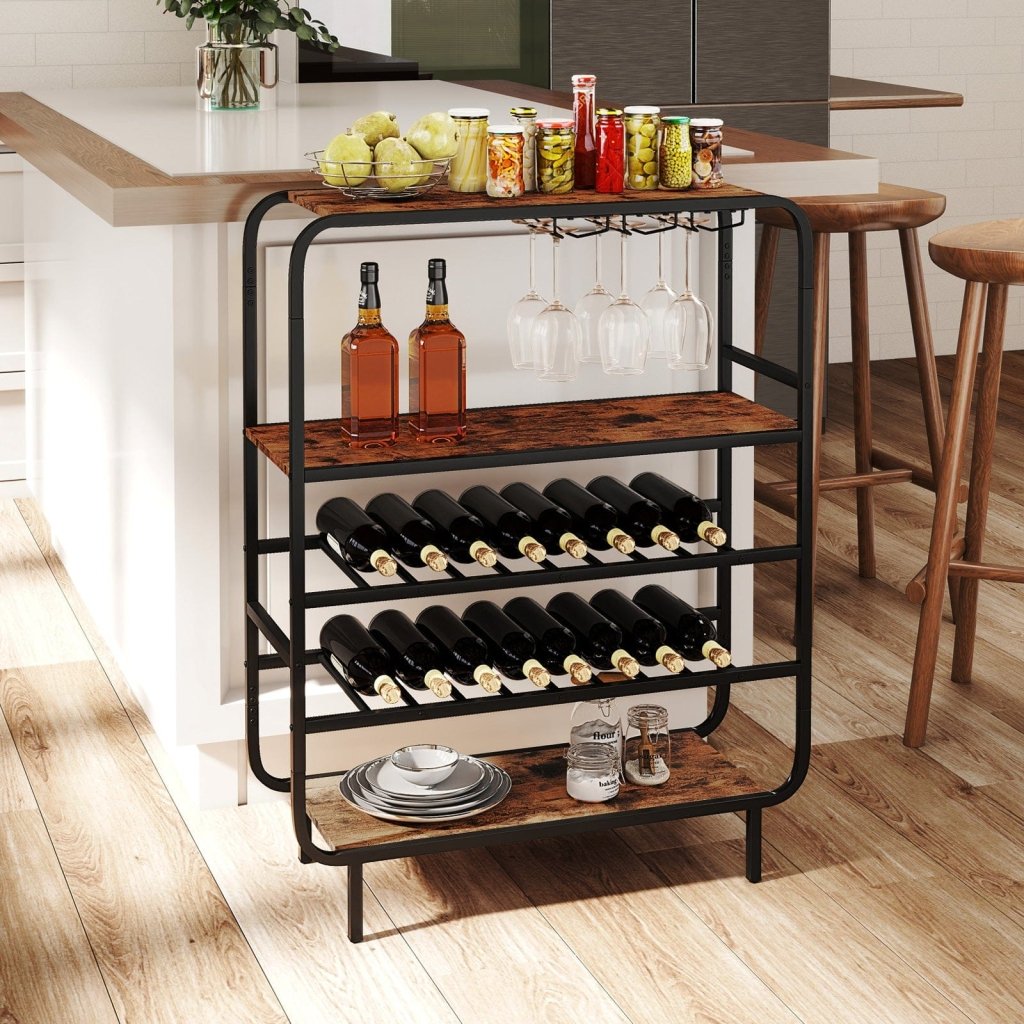 16 Bottle Wine Rack with 5 - Tier Wine Shelf and Glass Holders for Kitchen Bar - Rustic Brown - Bro Dreams