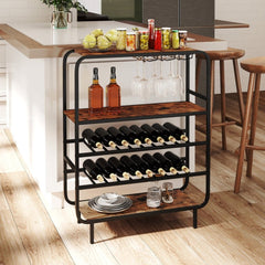 16 Bottle Wine Rack with 5 - Tier Wine Shelf and Glass Holders for Kitchen Bar - Rustic Brown - Bro Dreams