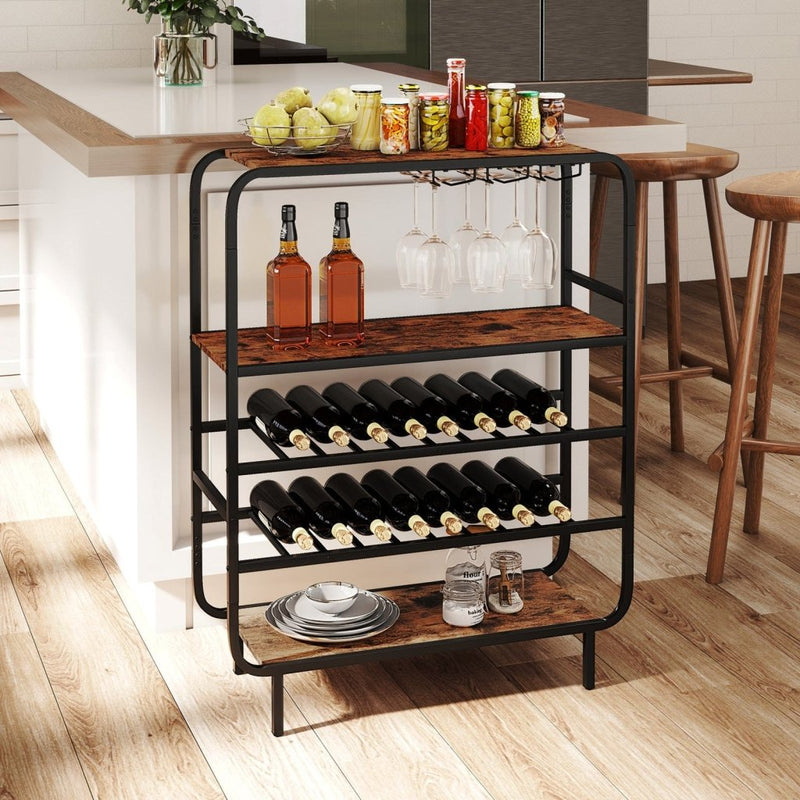 16 Bottle Wine Rack with 5 - Tier Wine Shelf and Glass Holders for Kitchen Bar - Rustic Brown - Bro Dreams