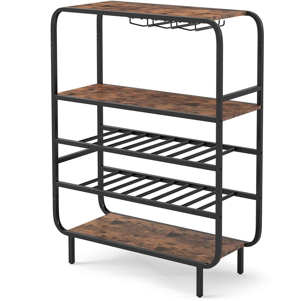 16 Bottle Wine Rack with 5 - Tier Wine Shelf and Glass Holders for Kitchen Bar - Rustic Brown - Bro Dreams