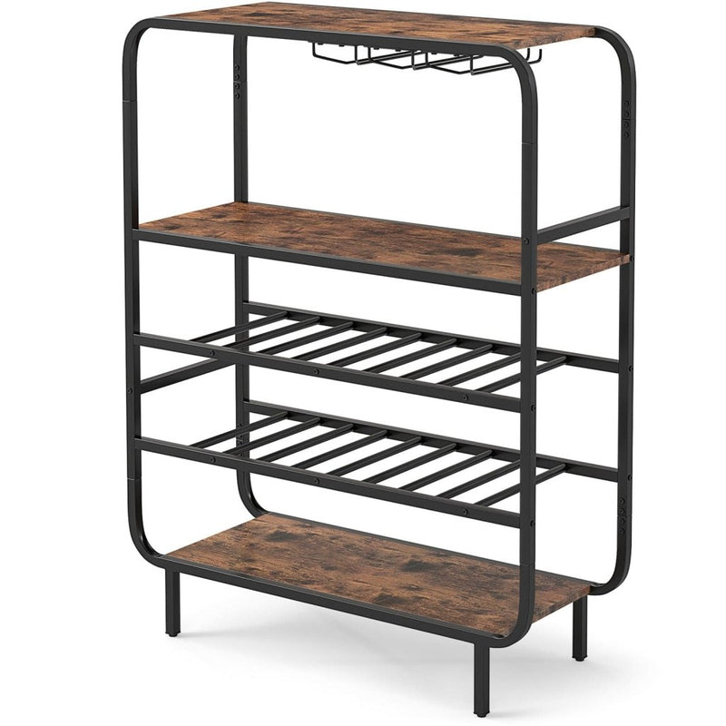 16 Bottle Wine Rack with 5 - Tier Wine Shelf and Glass Holders for Kitchen Bar - Rustic Brown - Bro Dreams