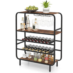 16 Bottle Wine Rack with 5 - Tier Wine Shelf and Glass Holders for Kitchen Bar - Rustic Brown - Bro Dreams