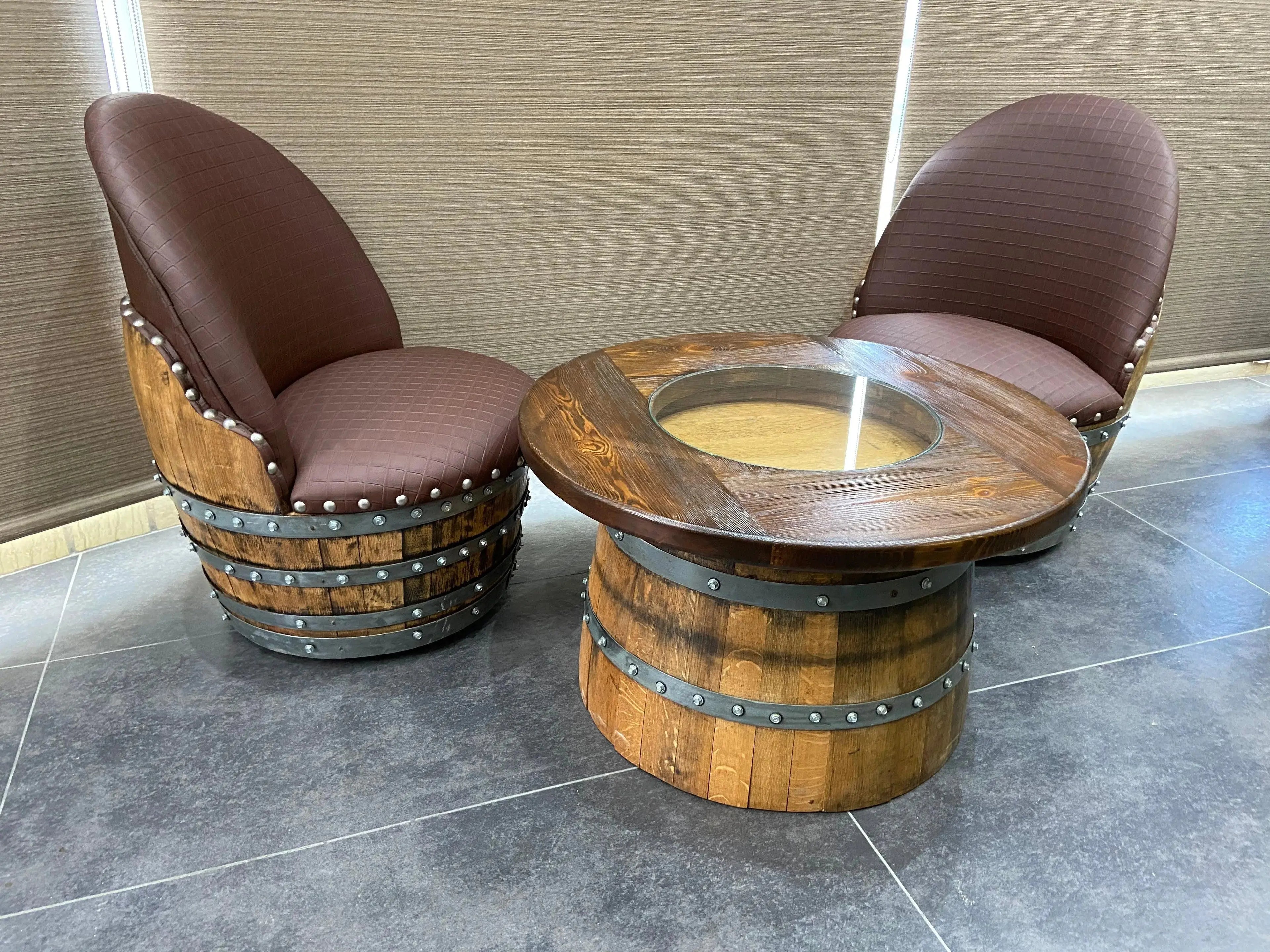 Wine Barrel Full Round Coffee Table Set with 2 Chairs - Rustic Whiskey Barrel Furniture Set - Handmade Solid Oak - Free Shipping Oak Wood Wine Barrels