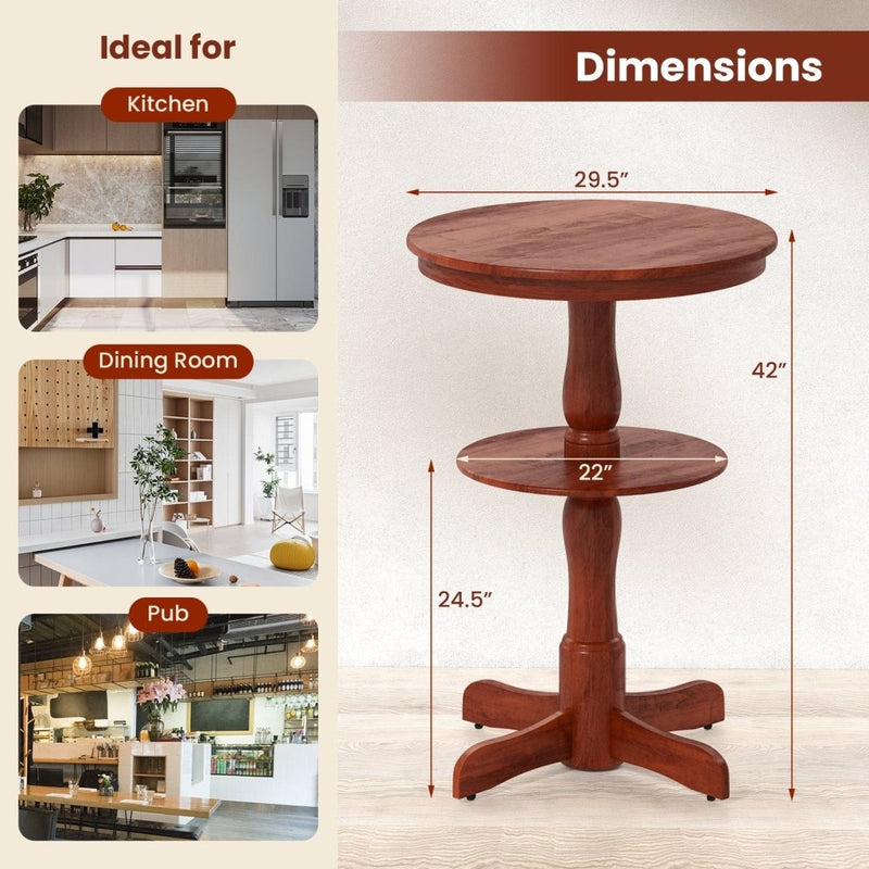2 - Tier Round High Top Bar Table with Storage Shelf and Pedestal Base - Espresso - Bro Dreams