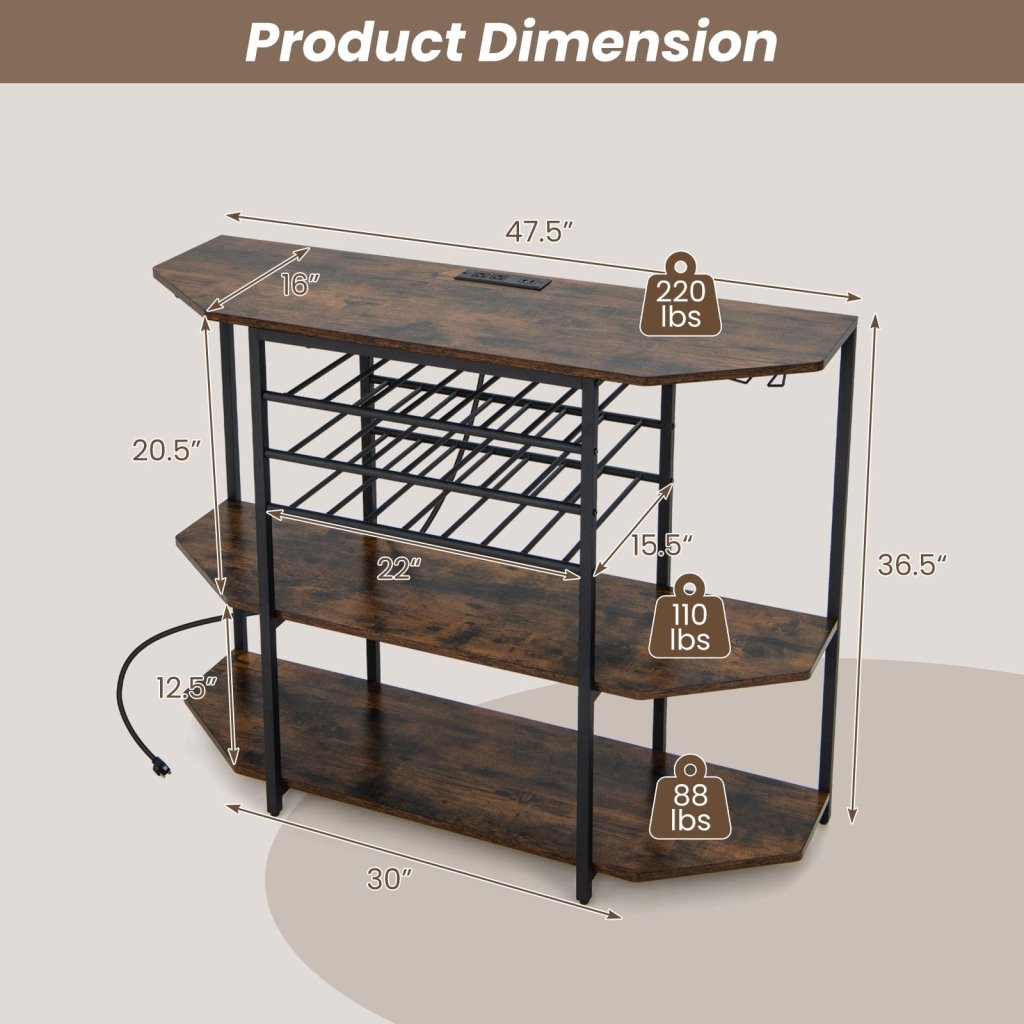 3 - Tier Wine Bar Cabinet with Storage Shelves - Brown - Bro Dreams