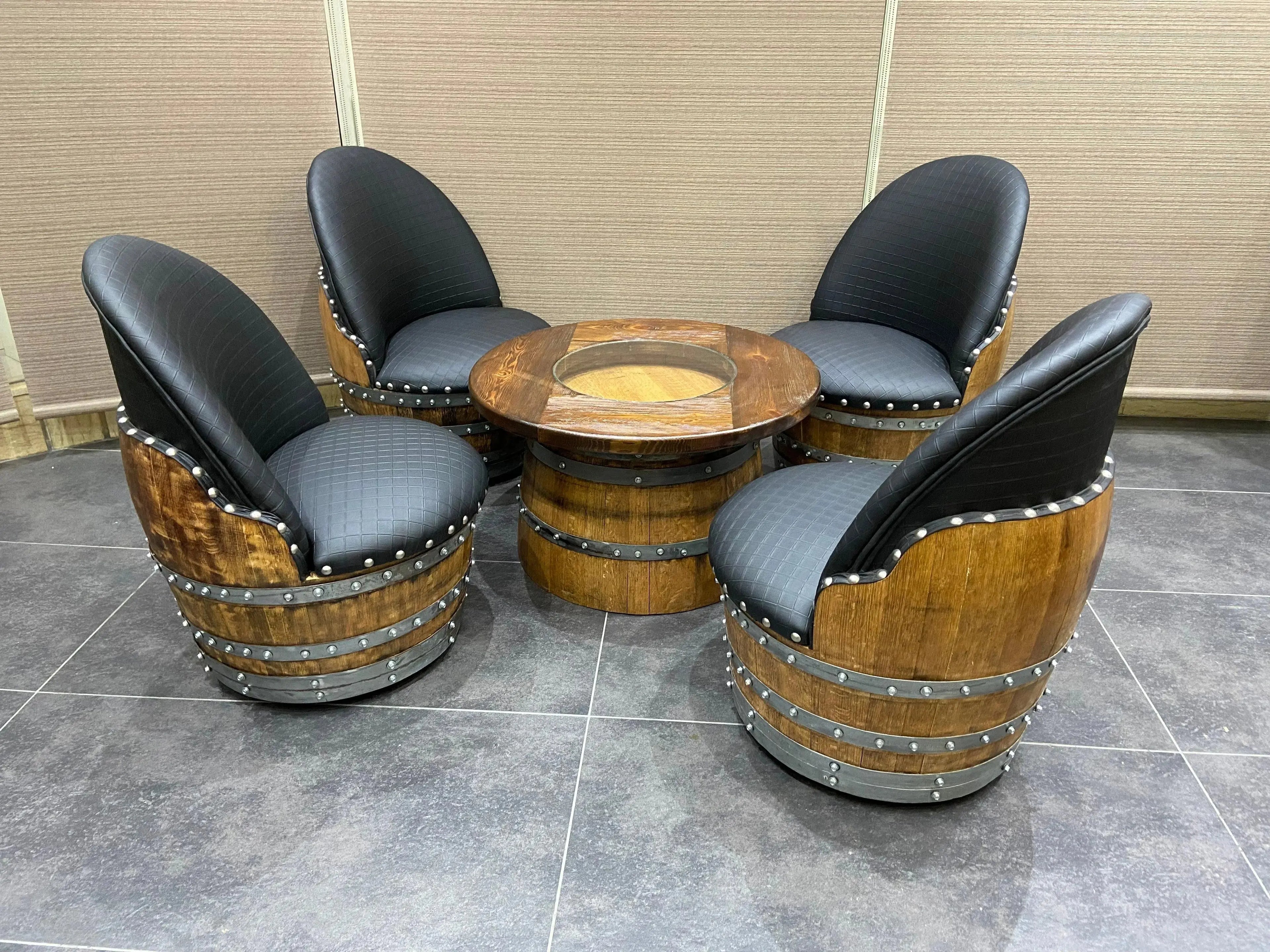 Wine Barrel Full Round Coffee Table Set with 4 Chairs - Rustic Whiskey Barrel Furniture Set - Handmade Solid Oak - Free Shipping Oak Wood Wine Barrels