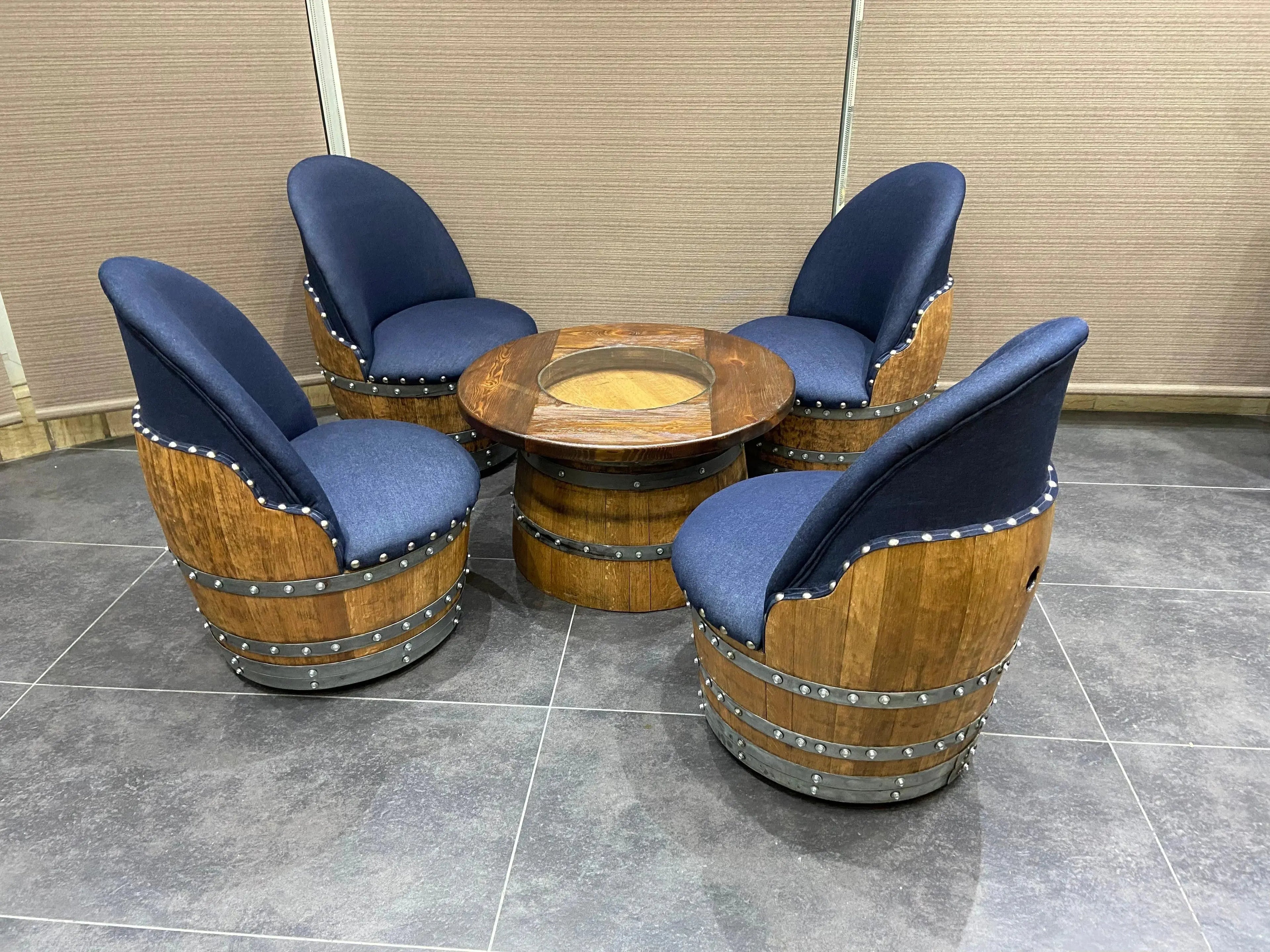 Wine Barrel Full Round Coffee Table Set with 4 Chairs - Rustic Whiskey Barrel Furniture Set - Handmade Solid Oak - Free Shipping Oak Wood Wine Barrels
