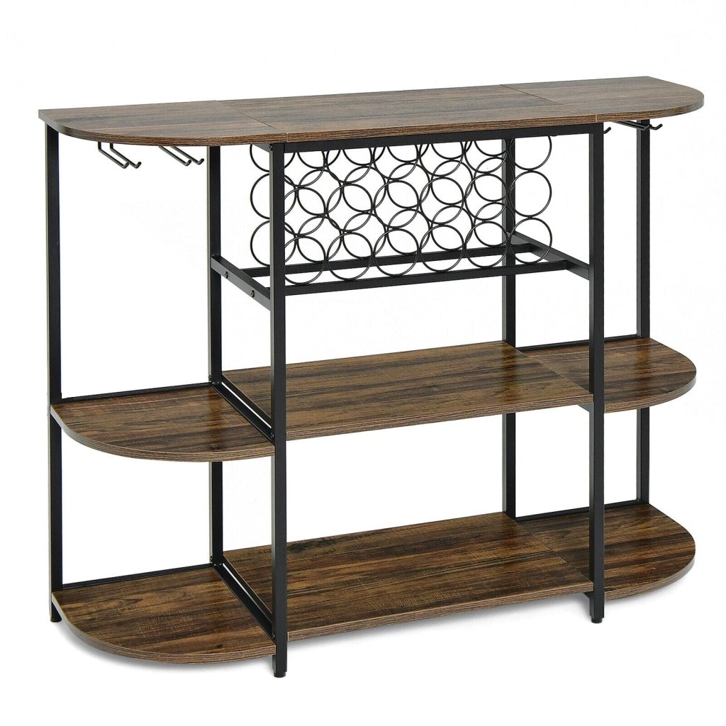 47 Inches Wine Rack Table with Glass Holder and Storage Shelves - Rustic Brown - Bro Dreams