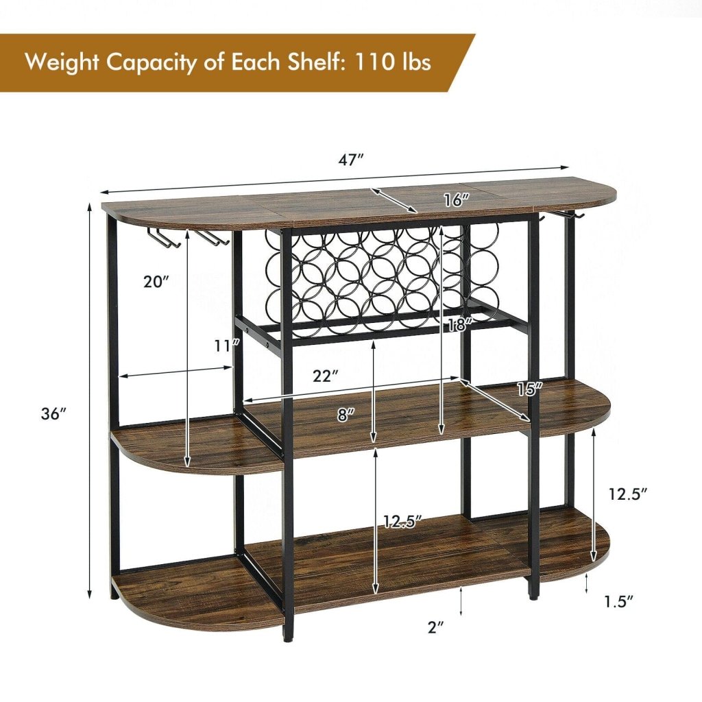 47 Inches Wine Rack Table with Glass Holder and Storage Shelves - Rustic Brown - Bro Dreams