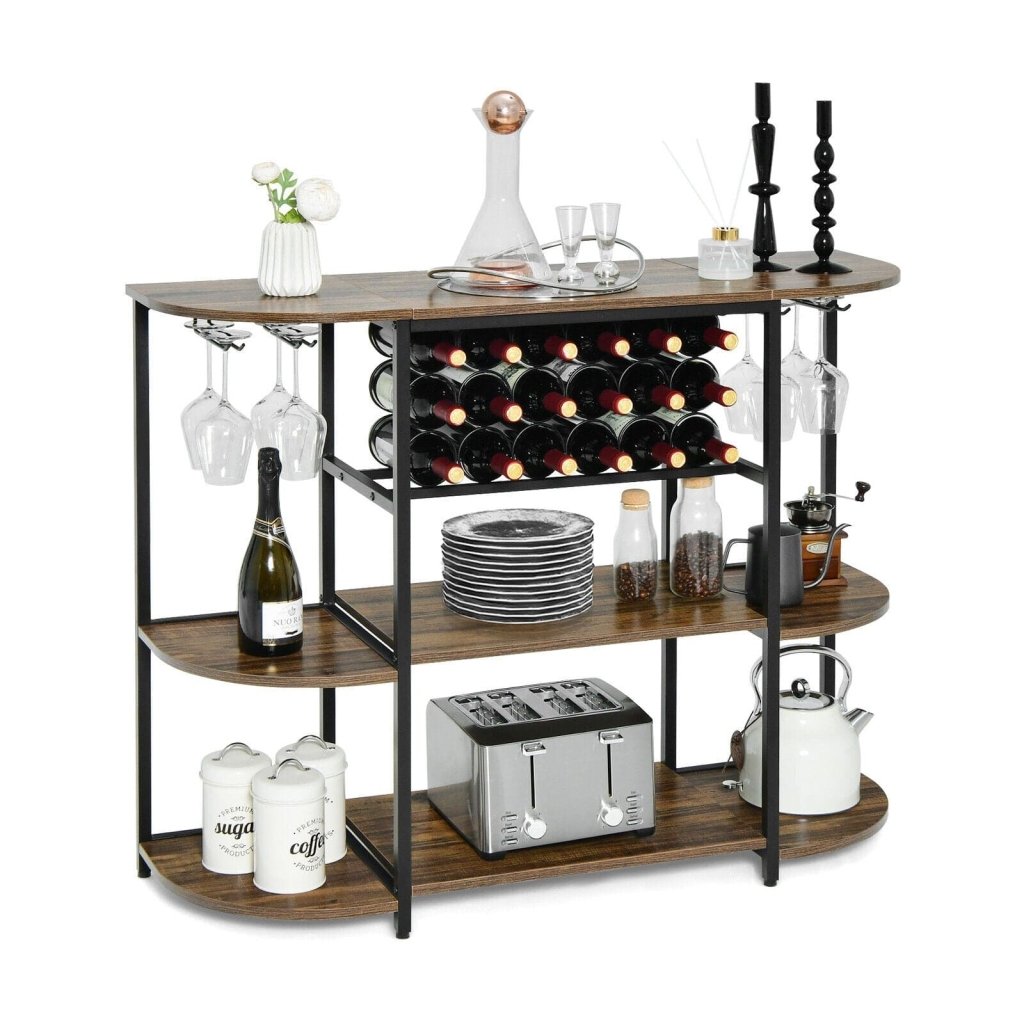 47 Inches Wine Rack Table with Glass Holder and Storage Shelves - Rustic Brown - Bro Dreams