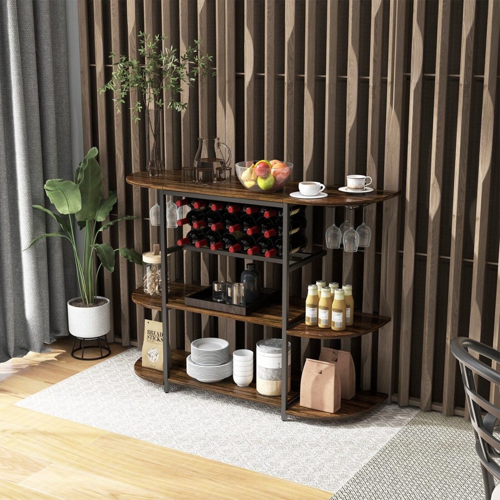 47 Inches Wine Rack Table with Glass Holder and Storage Shelves - Rustic Brown - Bro Dreams