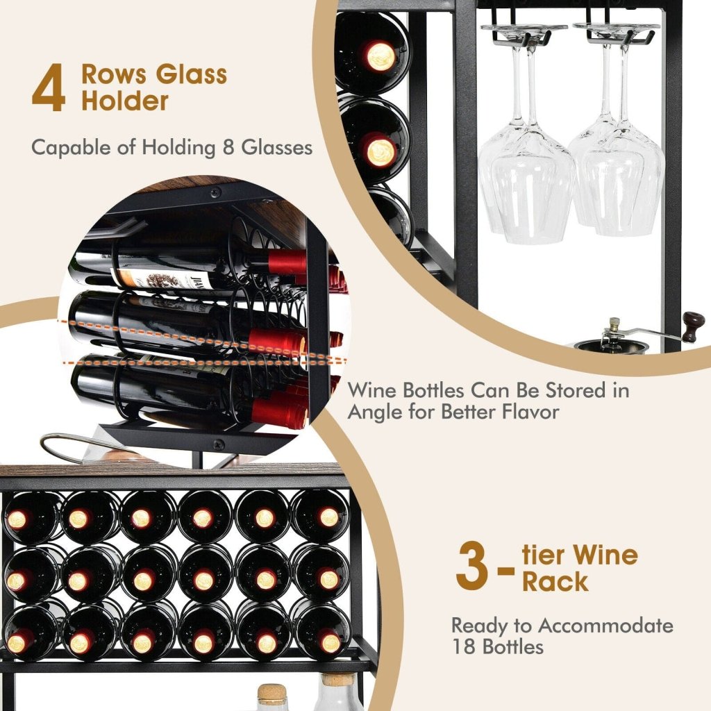 47 Inches Wine Rack Table with Glass Holder and Storage Shelves - Rustic Brown - Bro Dreams
