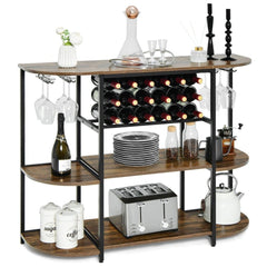 47 Inches Wine Rack Table with Glass Holder and Storage Shelves - Rustic Brown - Bro Dreams