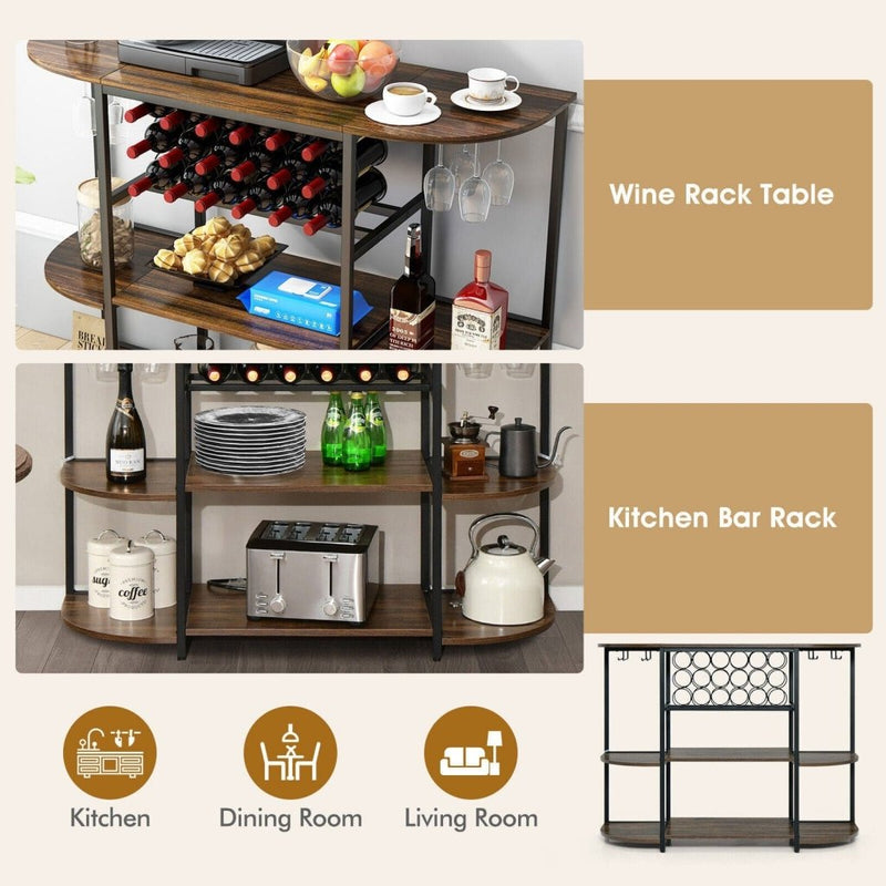 47 Inches Wine Rack Table with Glass Holder and Storage Shelves - Rustic Brown - Bro Dreams