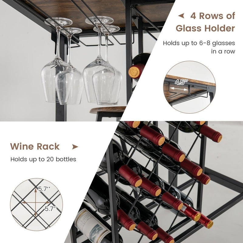 5 Pieces Bar Table and Stools Set with Wine Rack and Glass Holder - Rustic Brown - Bro Dreams