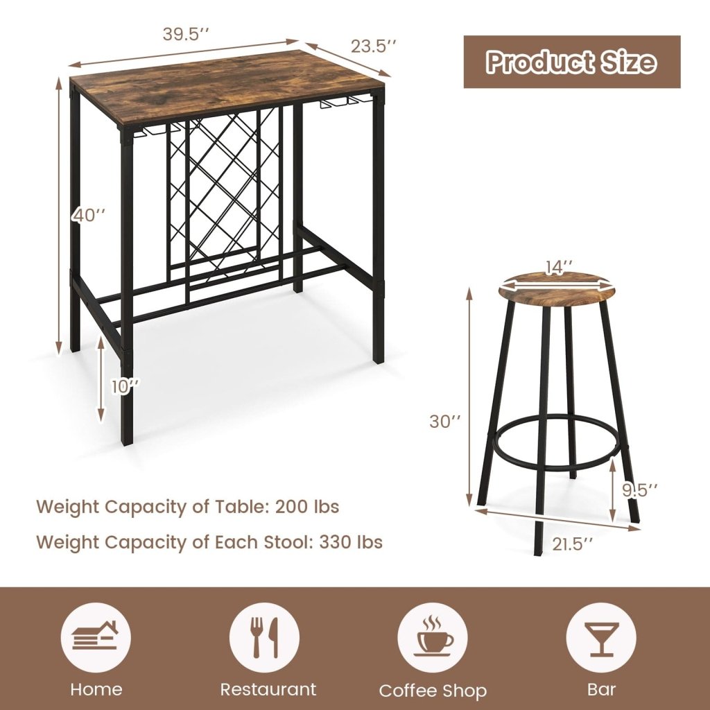 5 Pieces Bar Table and Stools Set with Wine Rack and Glass Holder - Rustic Brown - Bro Dreams