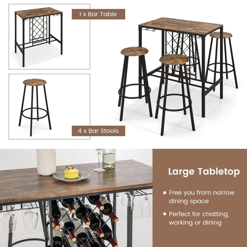 5 Pieces Bar Table and Stools Set with Wine Rack and Glass Holder - Rustic Brown - Bro Dreams