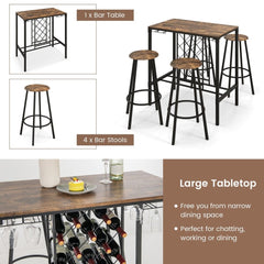 5 Pieces Bar Table and Stools Set with Wine Rack and Glass Holder - Rustic Brown - Bro Dreams