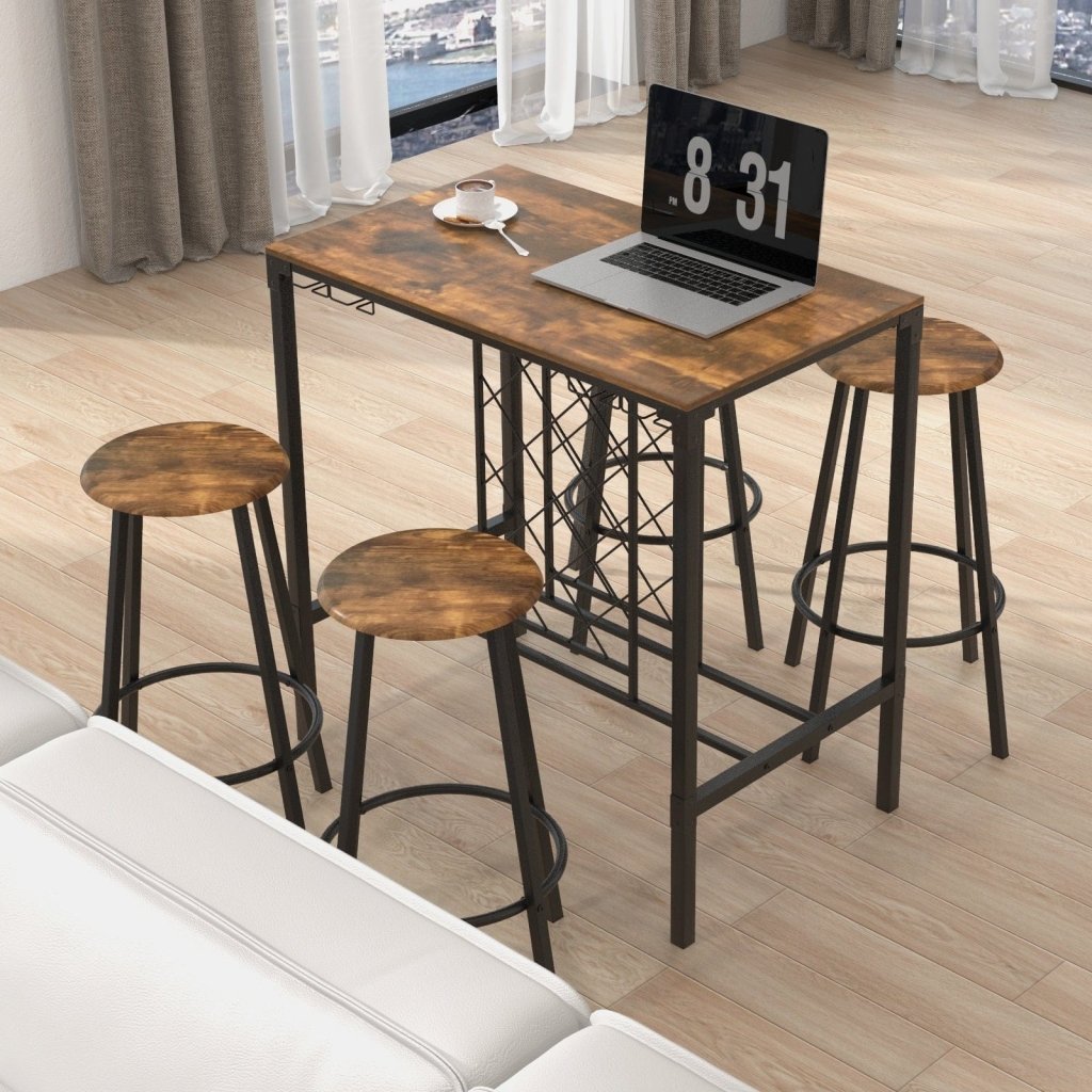 5 Pieces Bar Table and Stools Set with Wine Rack and Glass Holder - Rustic Brown - Bro Dreams