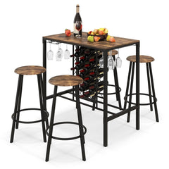5 Pieces Bar Table and Stools Set with Wine Rack and Glass Holder - Rustic Brown - Bro Dreams