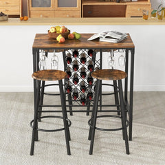 5 Pieces Bar Table and Stools Set with Wine Rack and Glass Holder - Rustic Brown - Bro Dreams