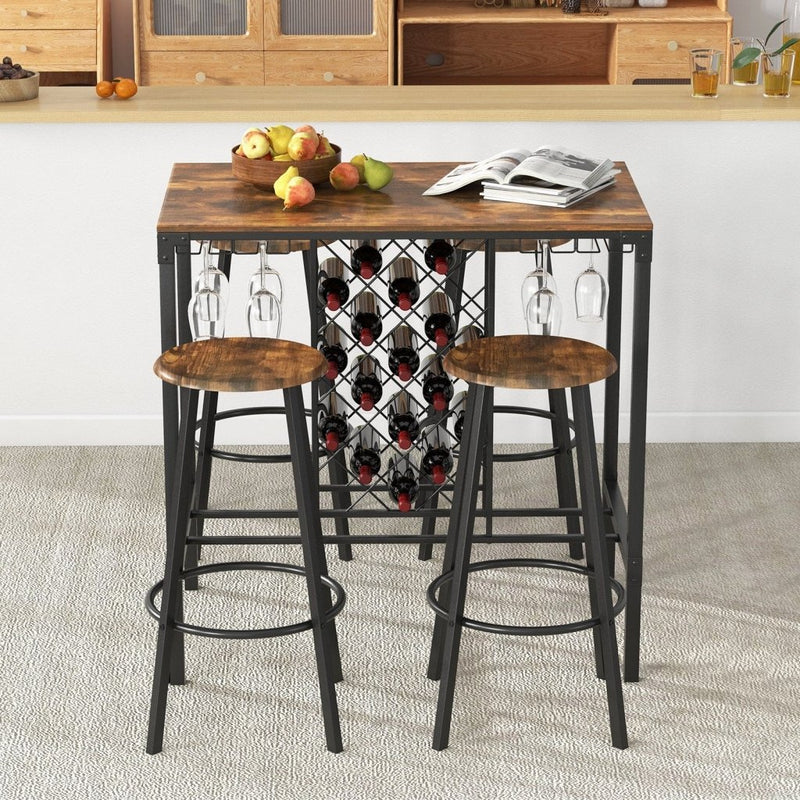 5 Pieces Bar Table and Stools Set with Wine Rack and Glass Holder - Rustic Brown - Bro Dreams