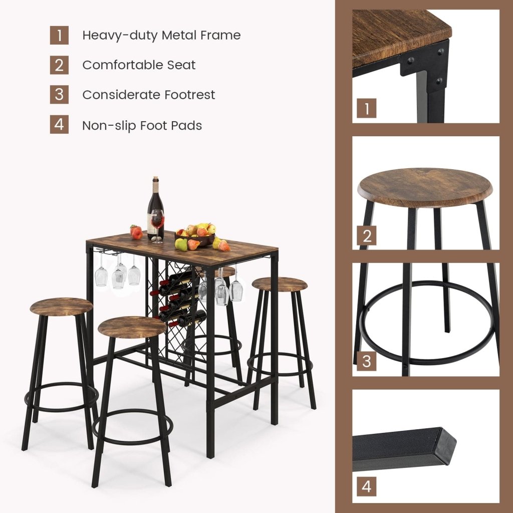 5 Pieces Bar Table and Stools Set with Wine Rack and Glass Holder - Rustic Brown - Bro Dreams