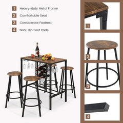 5 Pieces Bar Table and Stools Set with Wine Rack and Glass Holder - Rustic Brown - Bro Dreams