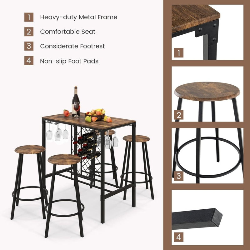 5 Pieces Bar Table and Stools Set with Wine Rack and Glass Holder - Rustic Brown - Bro Dreams