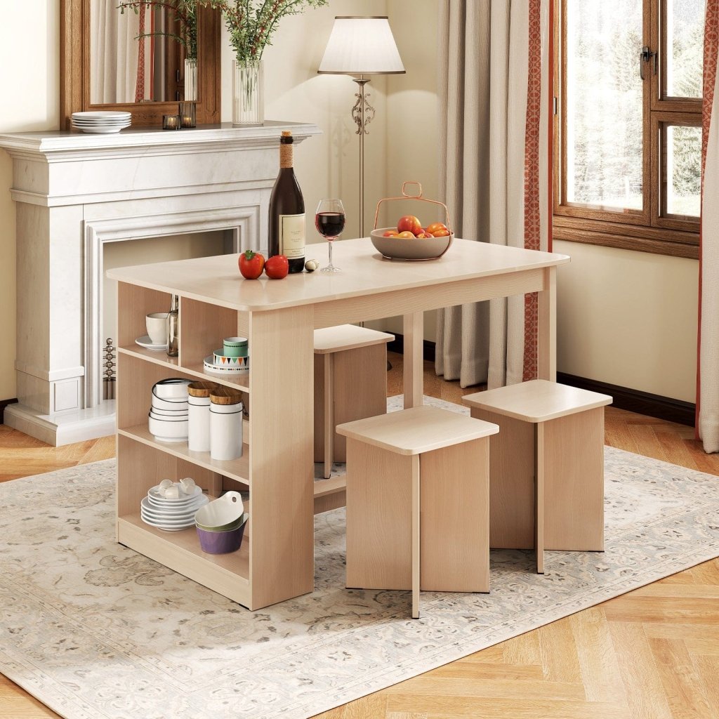 5 Pieces Dining Table Set with Storage Shelf and 4 Stools - Natural - Bro Dreams