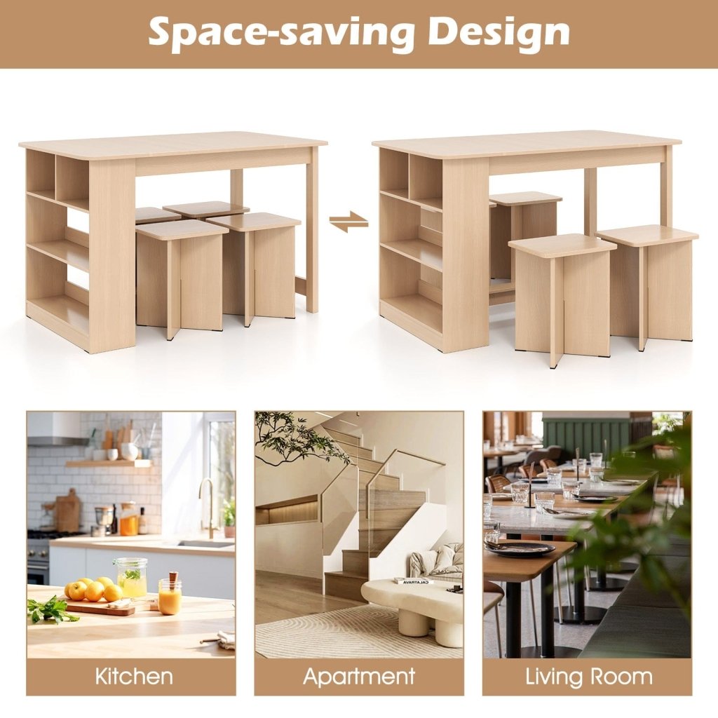 5 Pieces Dining Table Set with Storage Shelf and 4 Stools - Natural - Bro Dreams