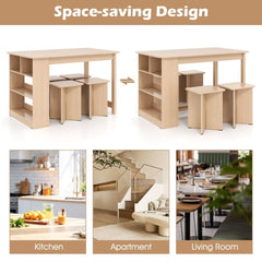 5 Pieces Dining Table Set with Storage Shelf and 4 Stools - Natural - Bro Dreams