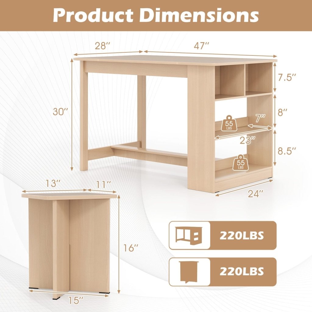5 Pieces Dining Table Set with Storage Shelf and 4 Stools - Natural - Bro Dreams
