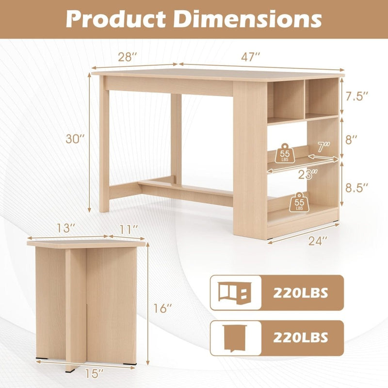 5 Pieces Dining Table Set with Storage Shelf and 4 Stools - Natural - Bro Dreams