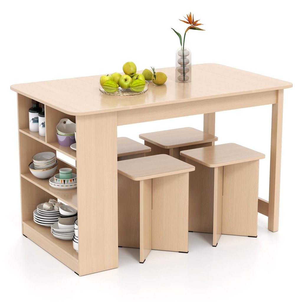 5 Pieces Dining Table Set with Storage Shelf and 4 Stools - Natural - Bro Dreams