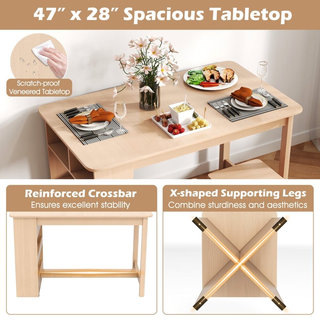 5 Pieces Dining Table Set with Storage Shelf and 4 Stools - Natural - Bro Dreams