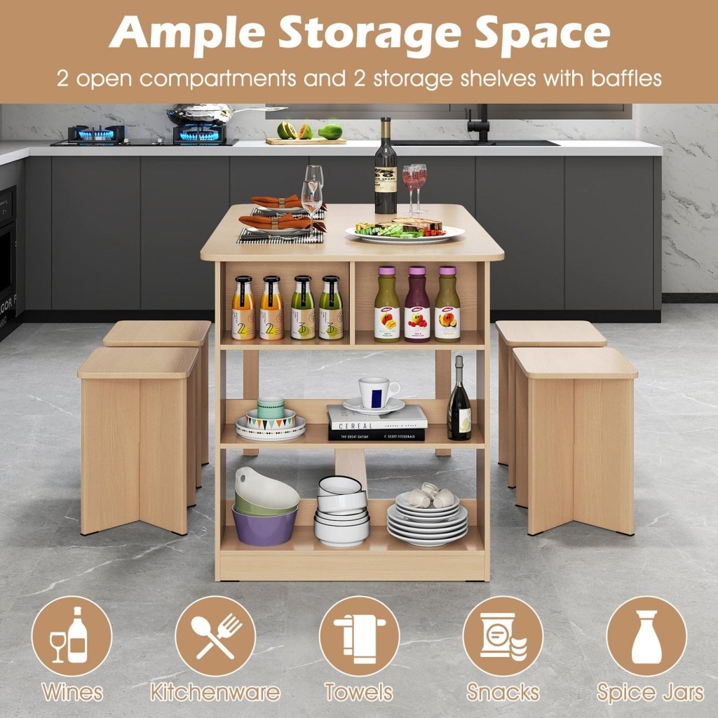 5 Pieces Dining Table Set with Storage Shelf and 4 Stools - Natural - Bro Dreams